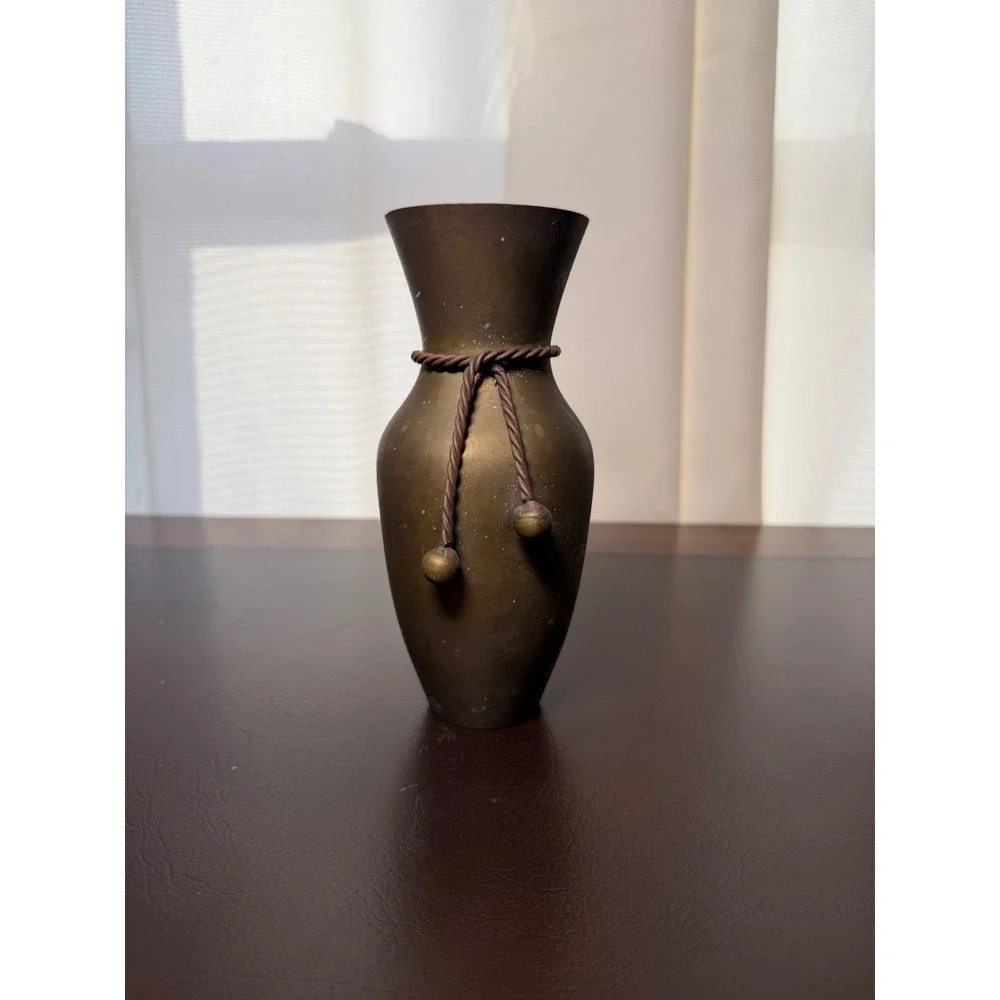 Vintage Brass Bud Vase Flared Rim Twisted Rope Accent Aged Patina 7 Inch